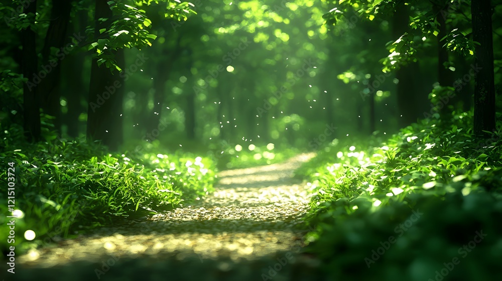 Fototapeta premium Serene Pathway Through Lush Green Forest with Sunlight Beams