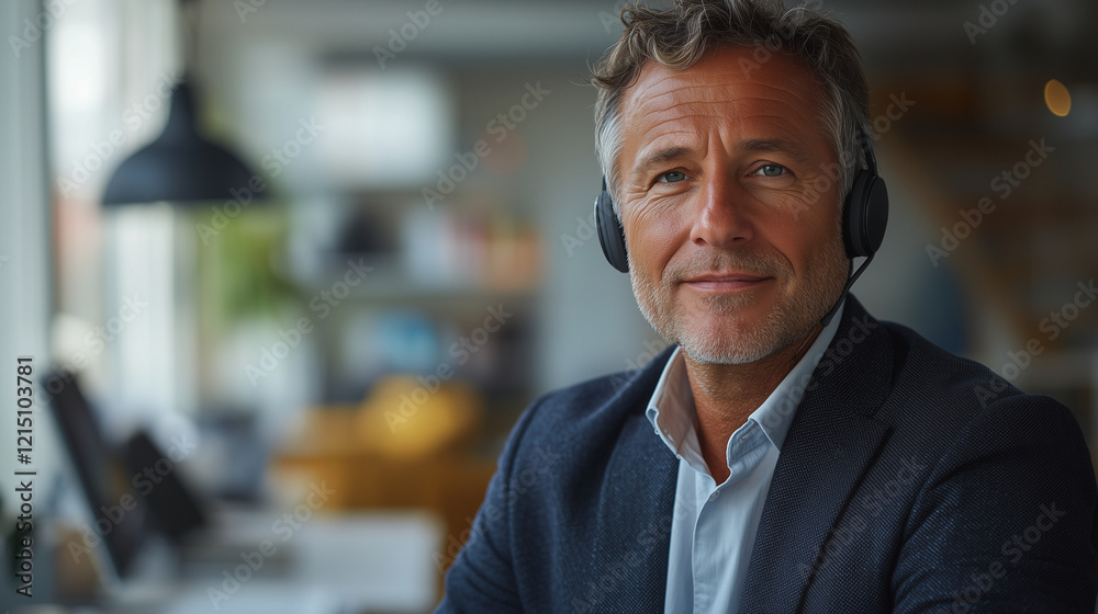 A confident middle-aged wears a premium headset, handling customer inquiries. A confident middle-aged wears a premium headset, handling customer inquiries.