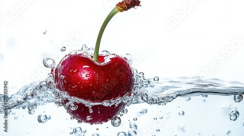 Vibrant fresh cherries submerged in water with bubbles and ripples, highlighting freshness and purity