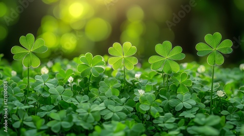 Four-leaf clovers stand out in a field of green clover under sunlight.