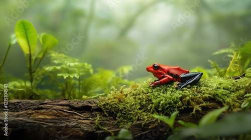 Madagascan tomato frog resting a mossy log in a humid rainforest its bright red skin glowing against the muted green background captured with a macro lens for vivid detail photo