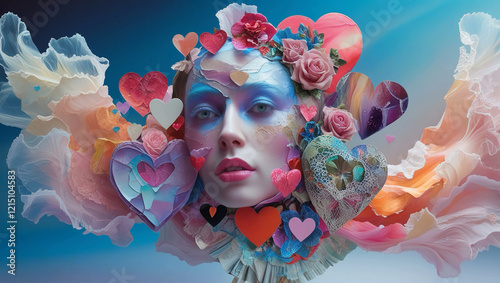 Airy Watercolours and Collaged Symbology: A Vibrant Painting Featuring Realistic Expressions, Textured Pigment Planes, Hearts, and a Dynamic Collage Frenzy of Emotive Artistry photo