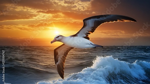 Albatross Diomedea exulans phylum Chordata class Aves order Procellariiformes family Diomedeidae gliding over vast ocean waves expansive wingspan framed against a dramatic sunset sky photo