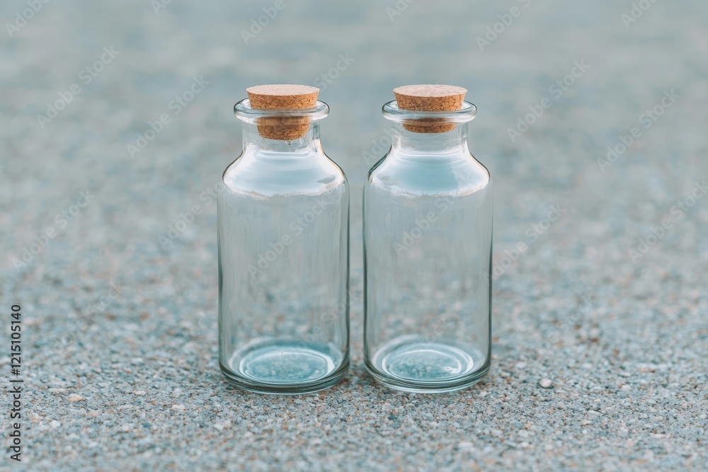 Two Clear Glass Bottles with Cork Lids on a Textured Surface Two Clear Glass Bottles with Cork Lids on a Textured Surface