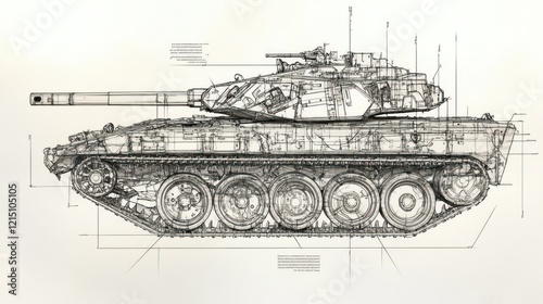 A precise blueprint of a tank showing exploded views of its suspension, steering systems, and drive train mechanics.