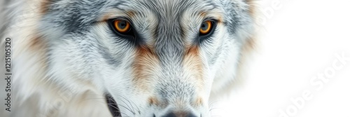 Close-up of white gray wolf's face on a pristine white background with piercing yellow eyes and sharp teeth, teeth, wildlife portrait photo