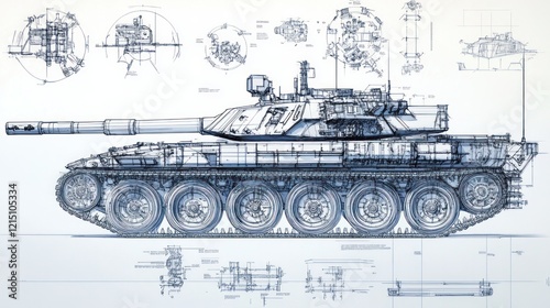 A precise blueprint of a tank showing exploded views of its suspension, steering systems, and drive train mechanics.