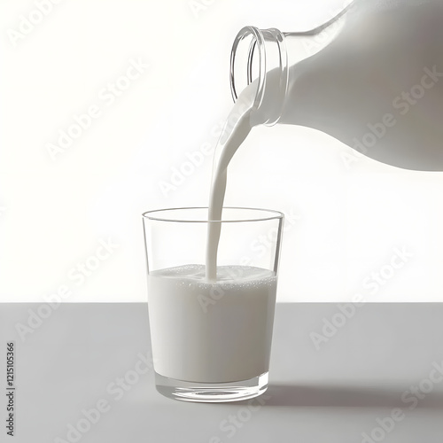 Pouring fresh milk from a jug into a clear glass on a simple transparent background, Milk pouring from a jug into a glass on transparent background