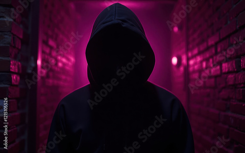 faceless figure in a black hood in a brick corridor with Dark Magenta  lighting