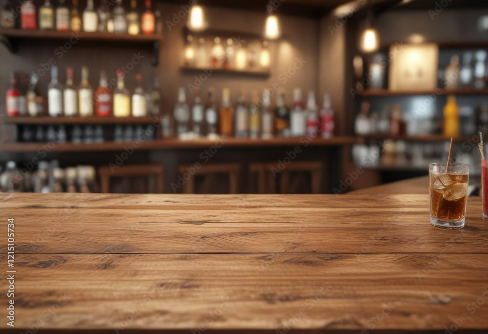 Close up of wooden table top with view of beverages bar, close up, table Close up of wooden table top with view of beverages bar, close up, table