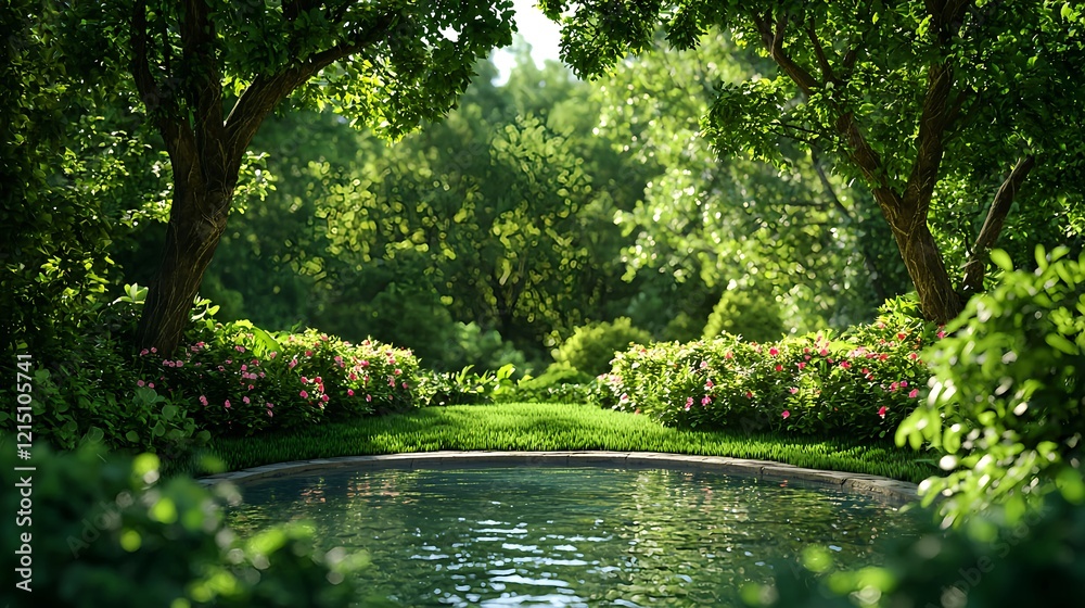 Serene Garden Oasis with Lush Greenery and Reflective Water Surface Serene Garden Oasis with Lush Greenery and Reflective Water Surface