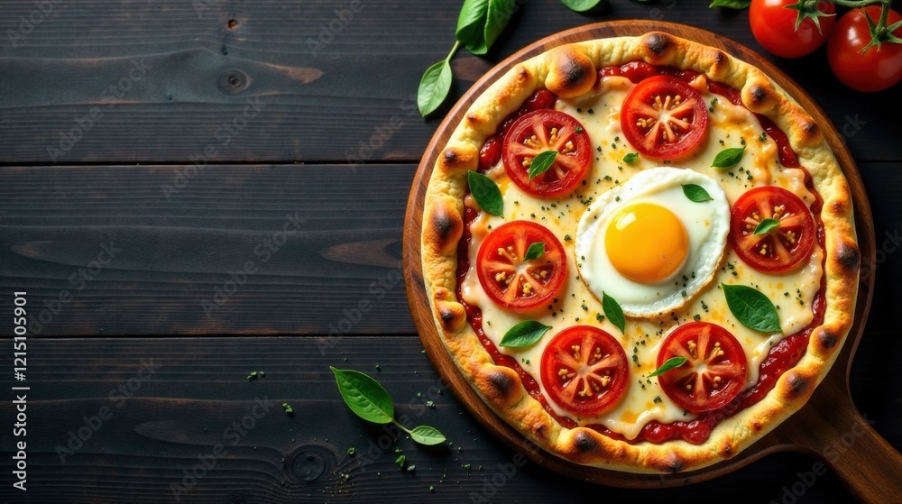 Savory breakfast pizza with fried egg and tomato slices on a wooden board Savory breakfast pizza with fried egg and tomato slices on a wooden board