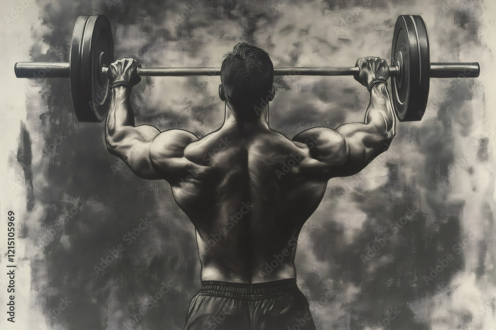 Charcoal drawing depicting a muscular bodybuilder lifting weights in a gym, showcasing strength and power from a rear perspective Charcoal drawing depicting a muscular bodybuilder lifting weights in a gym, showcasing strength and power from a rear perspective