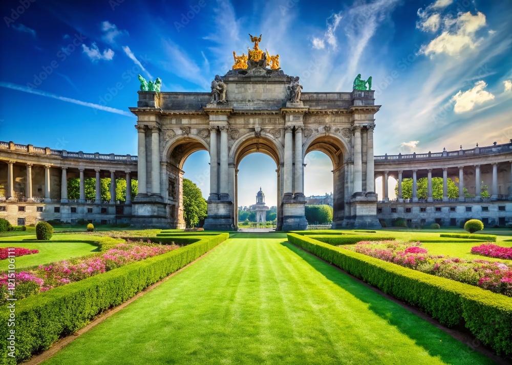 Fototapeta premium Majestic Parc du Cinquantenaire Triumphal Arch, Brussels, Belgium - Sunny Day Landscape