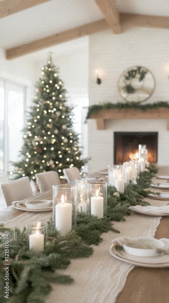 Minimalist holiday table with candles and evergreen decor Minimalist holiday table with candles and evergreen decor