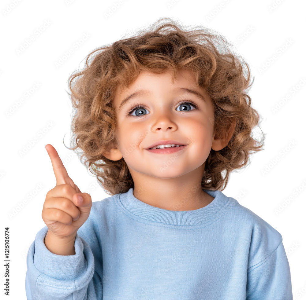 Young child with curly hair raising finger and smiling, indicating a bright idea or thought Young child with curly hair raising finger and smiling, indicating a bright idea or thought