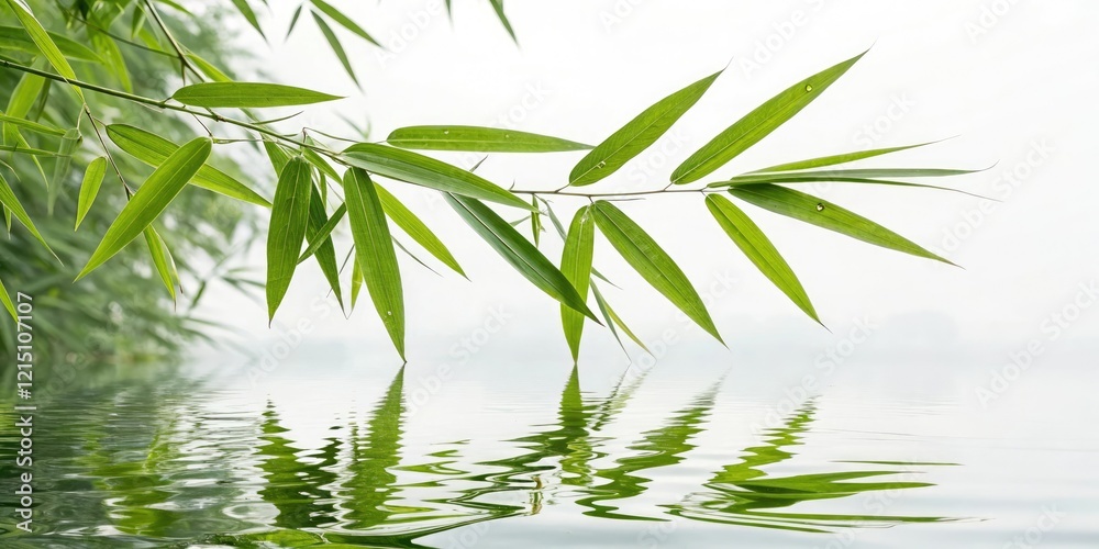 Obraz premium Close-up shot of fresh bamboo leaves gently swaying in the breeze over a body of still water, leaves, bamboo