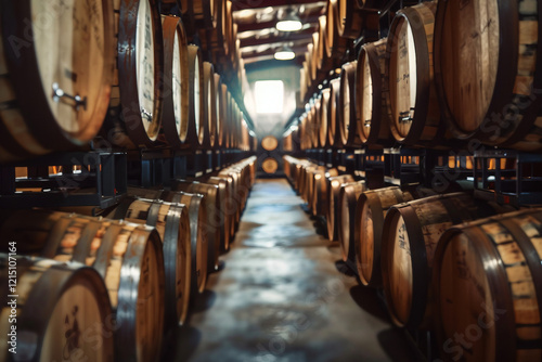 Generative AI image of person exploring traditional winery wooden barrels for wine beer alcohol production photo