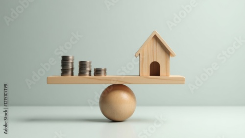 Balance of wealth minimalist wooden house and coins