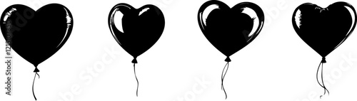 Adobe IllustratoFour black heart-shaped balloons float against a plain background, symbolizing themes of love, loss, or celebration.
