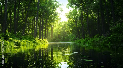 Serene Forest Landscape with Calm Water Reflection and Sunlight