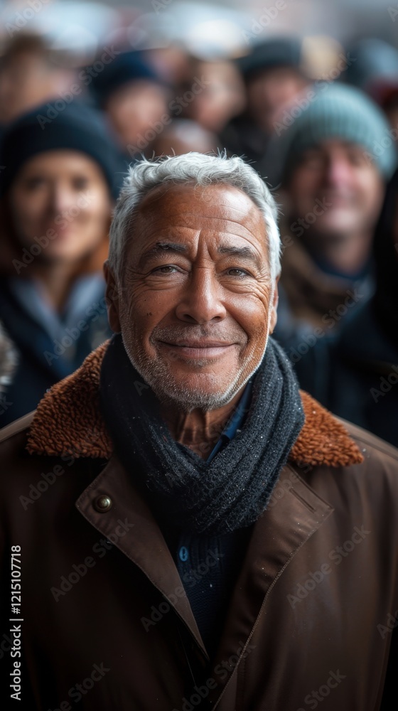 Fototapeta premium Smiling man in a crowd of people wearing hats and scarves, portrait, vertical background