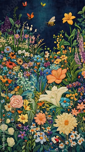 Vibrant Floral Embroidery: A Detailed Meadow Scene photo