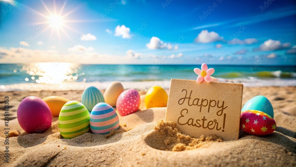 Happy Easter Beach Sign: Festive Sandcastle & Decorated Eggs Happy Easter Beach Sign: Festive Sandcastle & Decorated Eggs