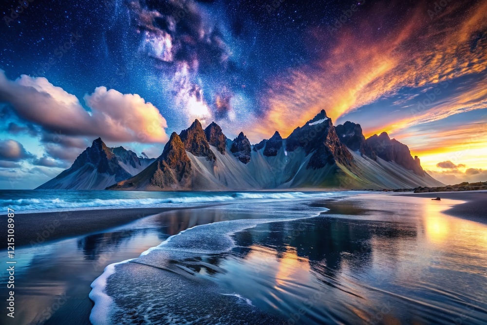 Naklejka premium Majestic Stokksnes Beach Iceland Night Photography - Dramatic Volcanic Mountains & Starry Sky