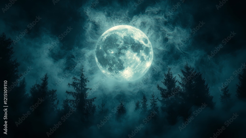 Full moon shrouded in clouds above a dark forest at night. Full moon shrouded in clouds above a dark forest at night.