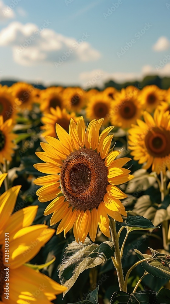 Fototapeta premium There is a field of sunflowers with a blue sky in the background, plant background, vertical background