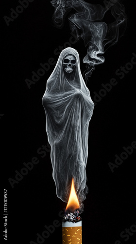 smoke smoothly forms a reaper hovering over a burning cigarette, black background