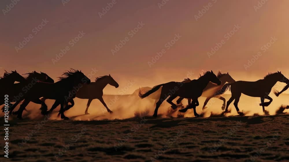 herd of wild horses running across an open plain at sunset