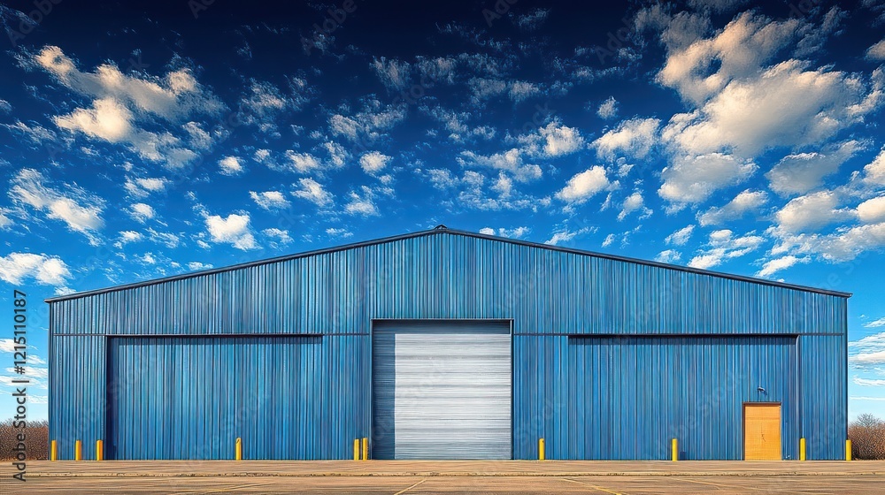 Fototapeta premium Blue warehouse, open door, rural sky, storage