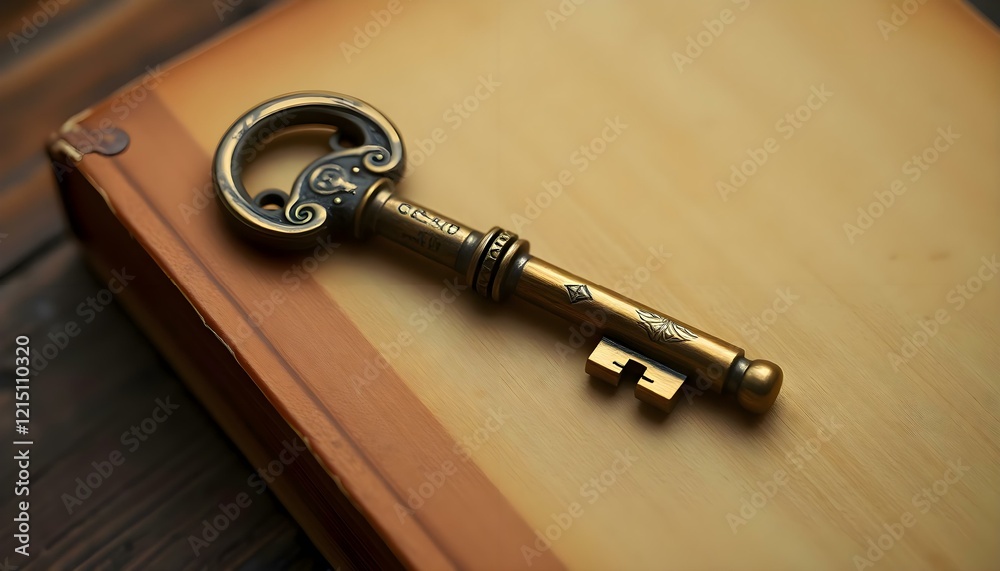 a golden key on top of a wooden table a golden key on top of a wooden table
