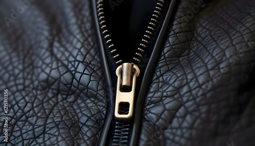 a close up of a zipper on a black leather jacket