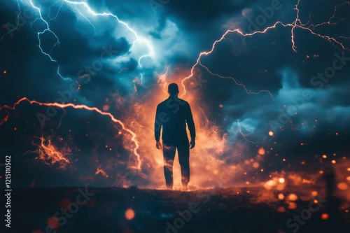 Businessman standing alone outdoors, observing a dramatic thunderstorm with lightning illuminating the dark sky, embodying courage amidst nature's fury