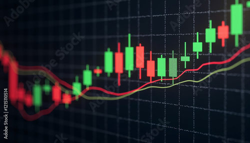 Photorealistic trading chart featuring a candlestick chart with green and red candles showing market trends against a black background