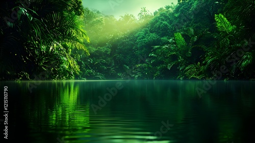 Serene Tropical Forest Reflection on Calm River Surface at Dawn