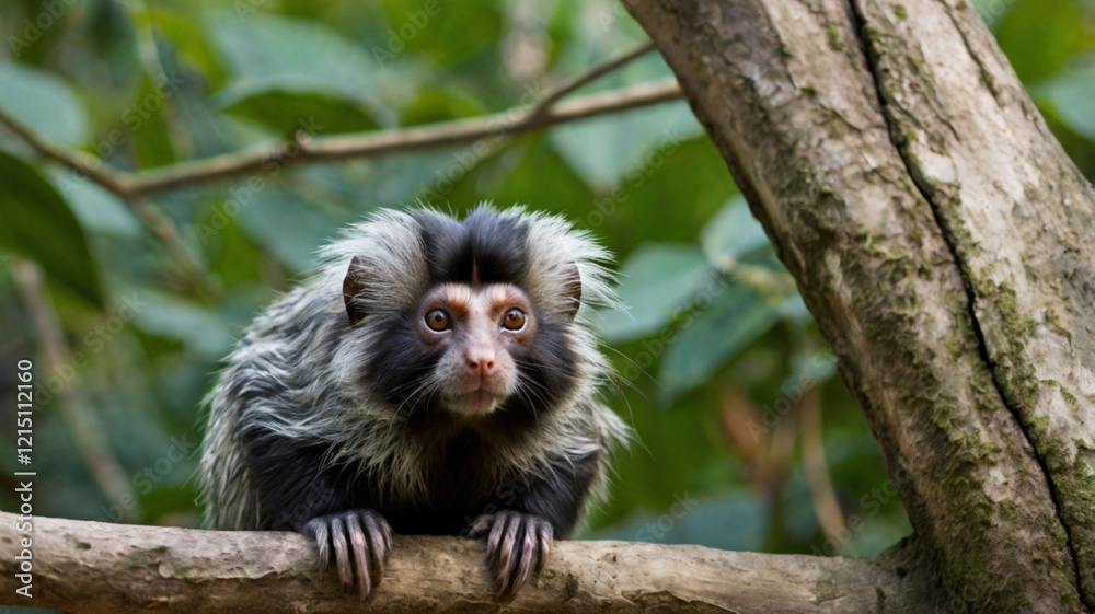 Portrait of a black-tufted marmoset clinging to a tree branch Portrait of a black-tufted marmoset clinging to a tree branch