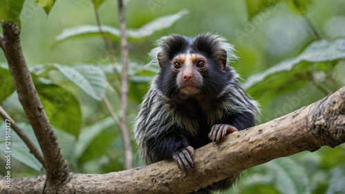Portrait of a black-tufted marmoset clinging to a tree branch 