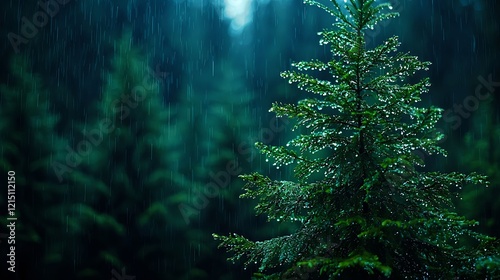Raindrops on Pine Tree in Lush Forest During Rainy Weather photo