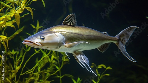 Pangasius Catfish Pangasius pangasius phylum Chordata class Actinopterygii order Siluriformes family Pangasiidae swimming gracefully murky Southeast Asian rivers among aquatic vegetation photo