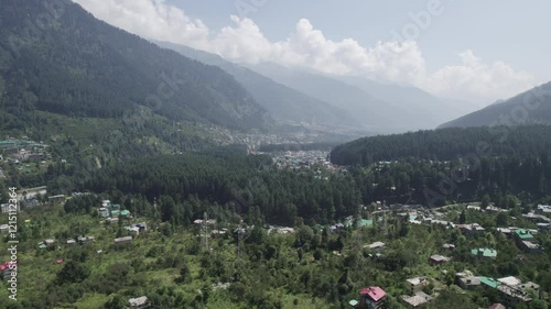 Aerial view of a small town in mountains (Manali, Himachal Pradesh, India)