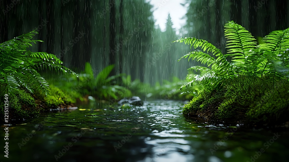 Fototapeta premium Tranquil Forest Stream with Lush Ferns and Gentle Rainfall