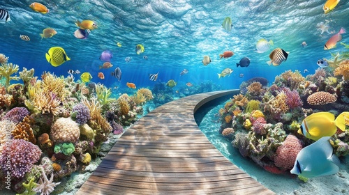 Fototapeta Naklejka Na Ścianę i Meble -  Underwater boardwalk, vibrant coral reef, tropical fish, ocean scenery, tourism