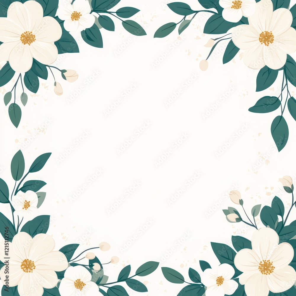 Fototapeta premium White Flowers and Teal Leaves Frame Design