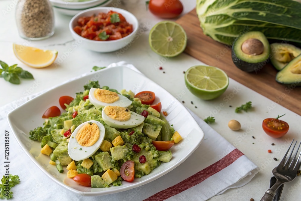 Healthy Egg Avocado Salad with Mixed Vegetables on White Table - Stock Photo Healthy Egg Avocado Salad with Mixed Vegetables on White Table - Stock Photo