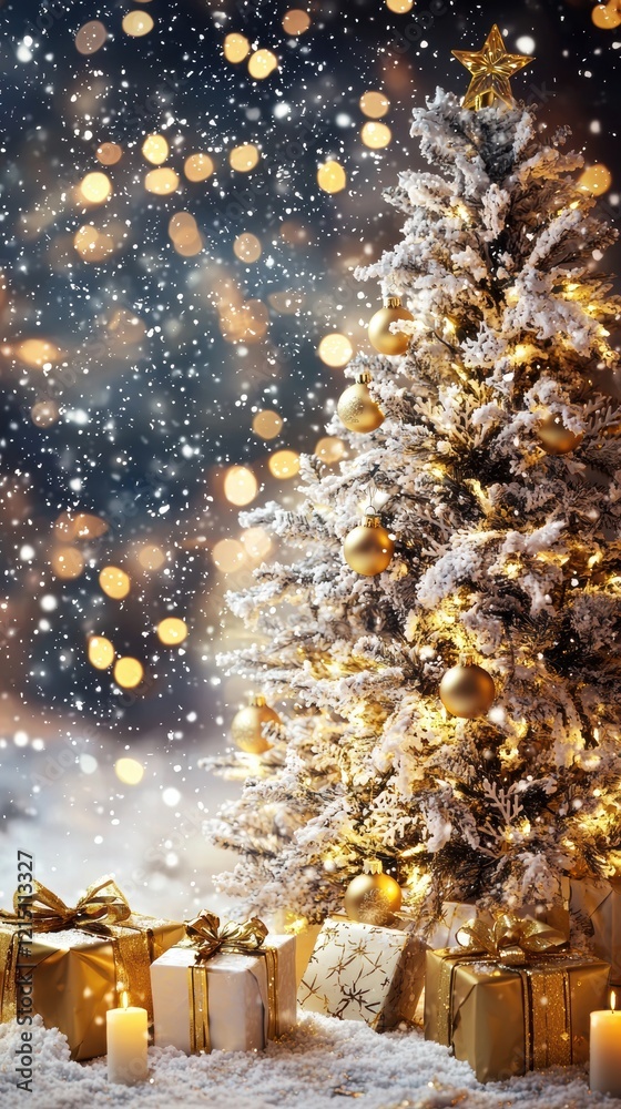 Elegant winter holiday scene with christmas tree and gifts Elegant winter holiday scene with christmas tree and gifts