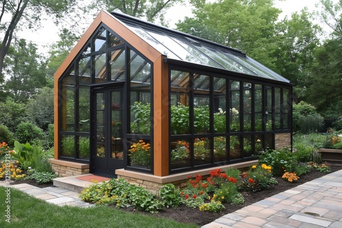 Modern greenhouse with plants growing inside surrounded by colorful flowers
